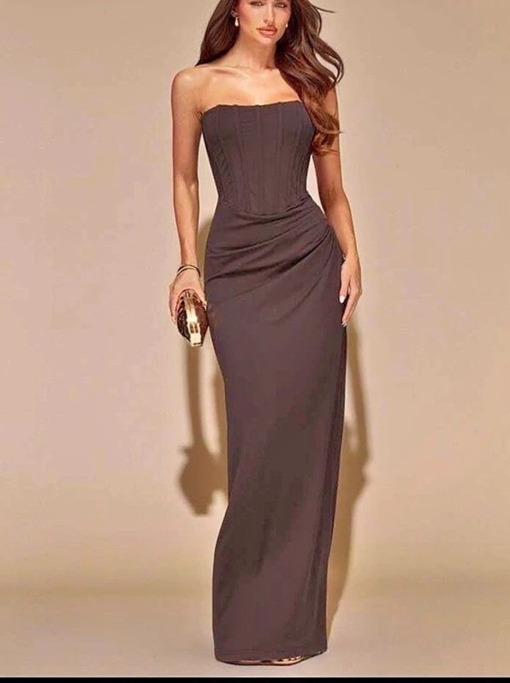 Strapless Ruched Maxi Dress in Brown Like New